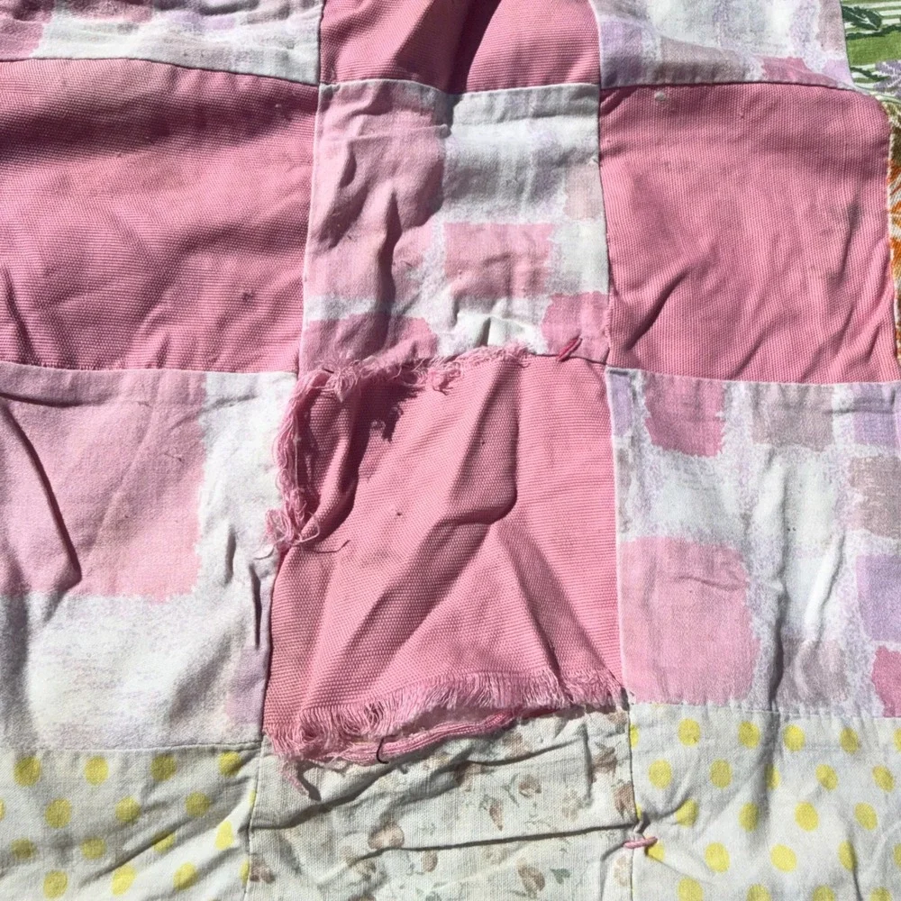 Handmade Patchwork Quilt Throw Multi Color Fair Condition Vintage Style 30x37